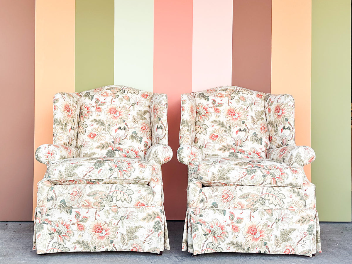 Pair of Floral Chic Upholstered Wingback Chairs
