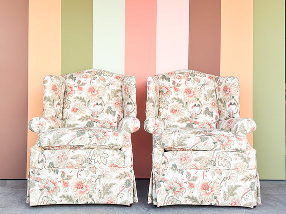 Pair of Floral Chic Upholstered Wingback Chairs