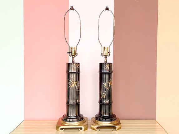 Pair of Etched Brass Bamboo Lamps