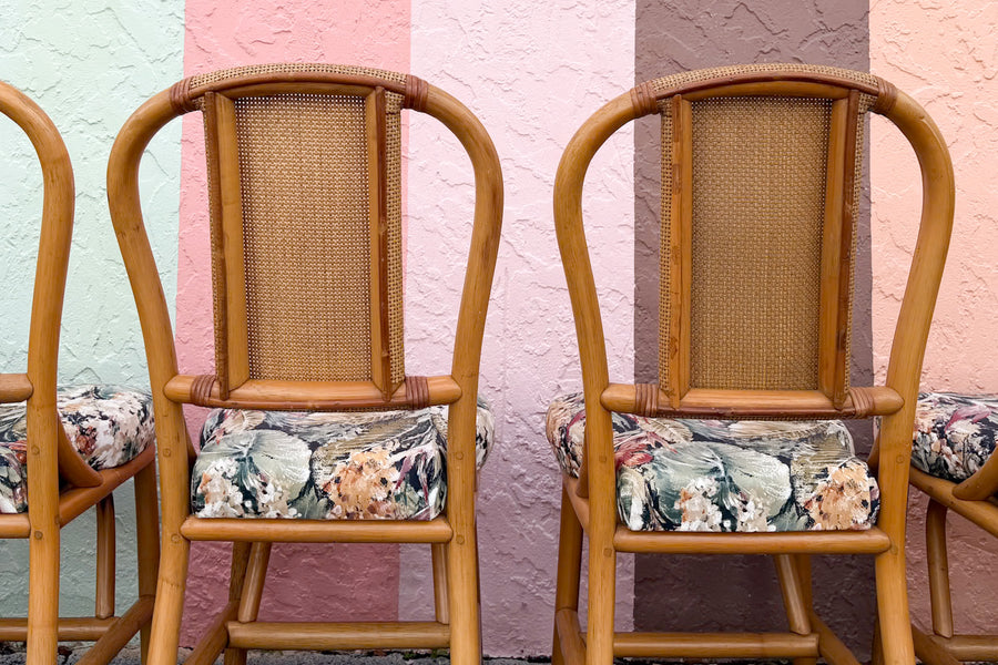 Set of Six Old Florida Rattan Dining Chairs