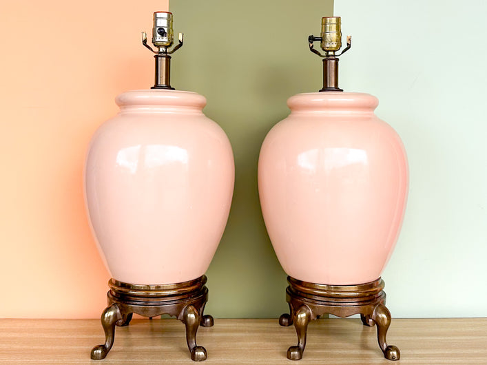 Pair of Peach and Brass Lamps