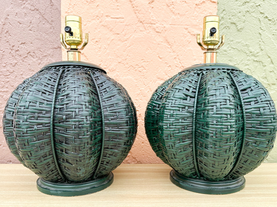 Pair of Gorg Green Island Style Basket Lamps