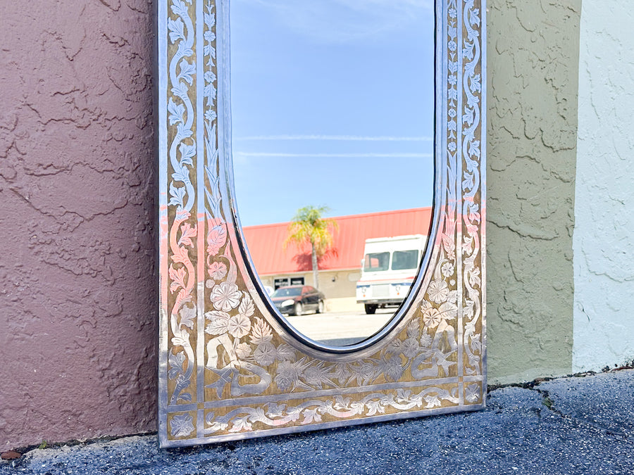 Pressed Metal and Wood Inlay Mirror