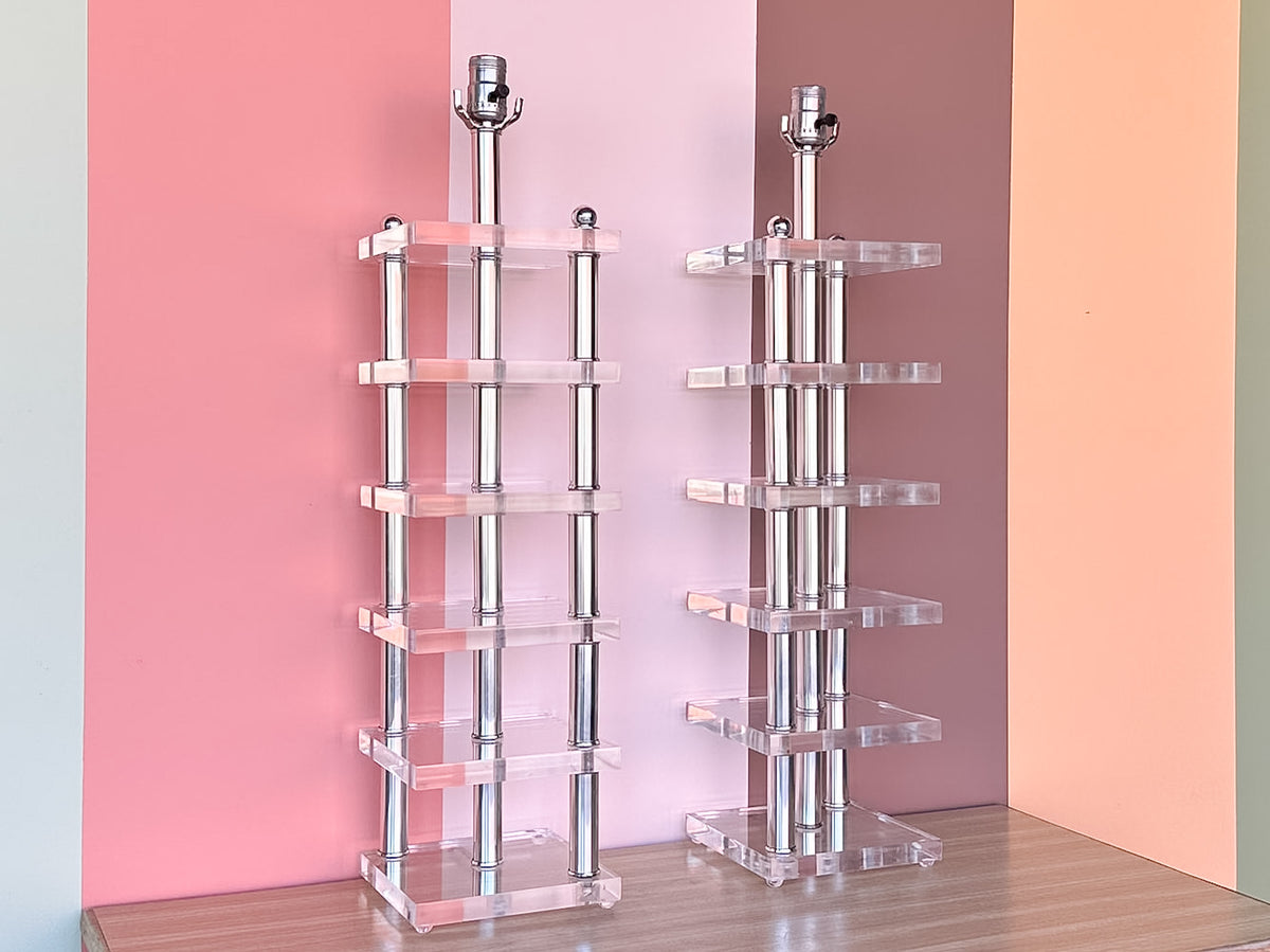 Pair of Large Lucite and Chrome Lamps