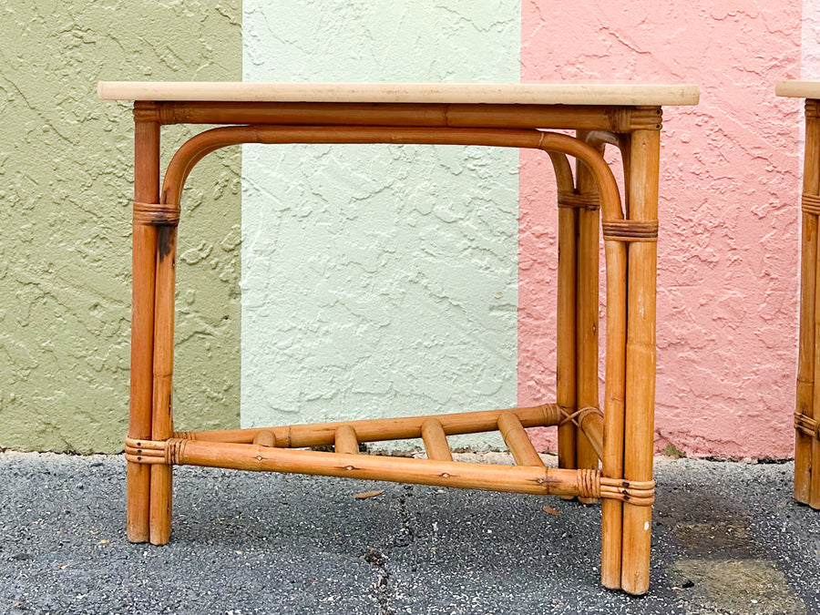 Pair of Old Florida Rattan Triangle Side Tables