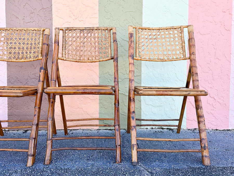 Set of Four Bamboo and Cane Folding Chairs