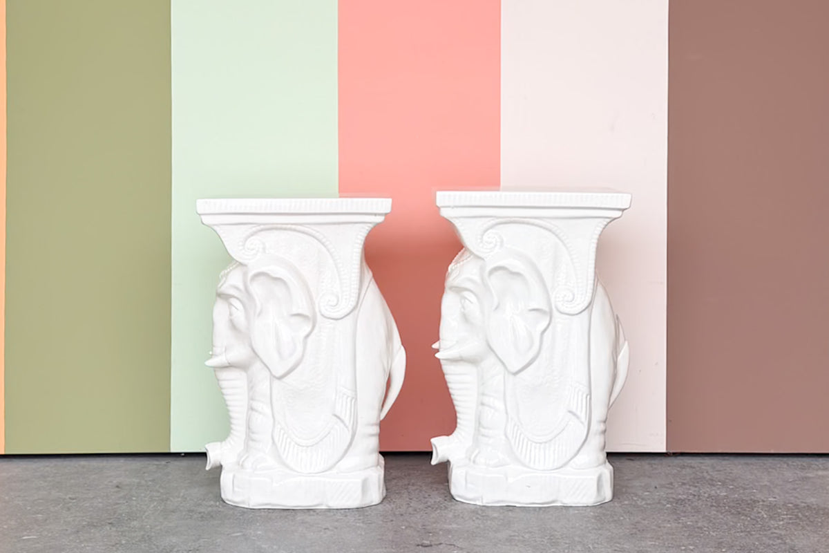 Pair of White Ceramic Elephant Garden Seats