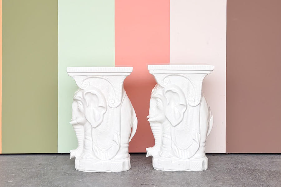 Pair of White Ceramic Elephant Garden Seats