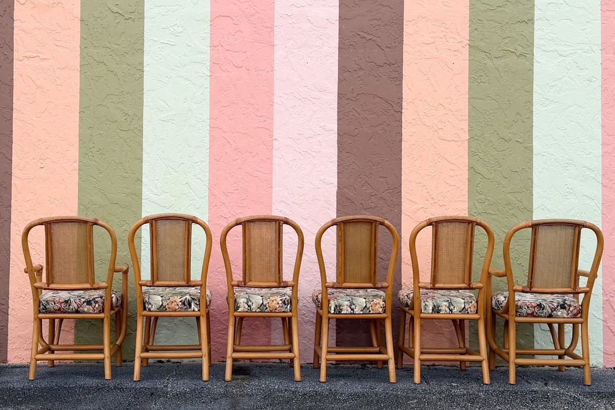 Set of Six Old Florida Rattan Dining Chairs