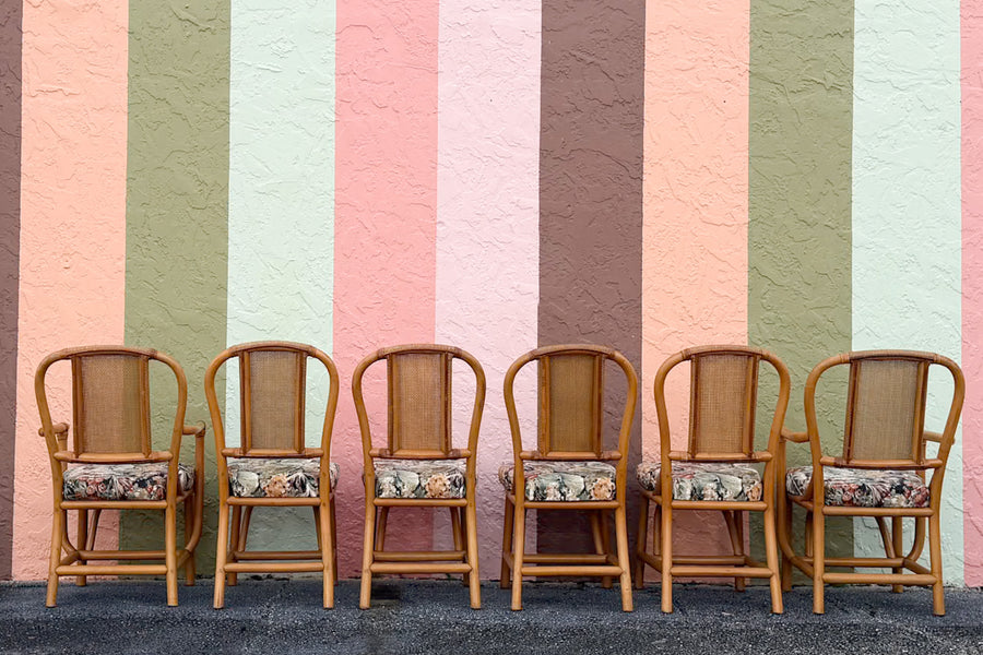 Set of Six Old Florida Rattan Dining Chairs