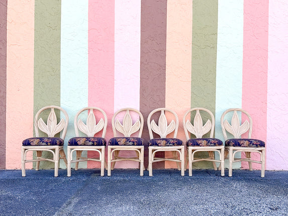 Set of Six Palm Frond Rattan Dining Chairs