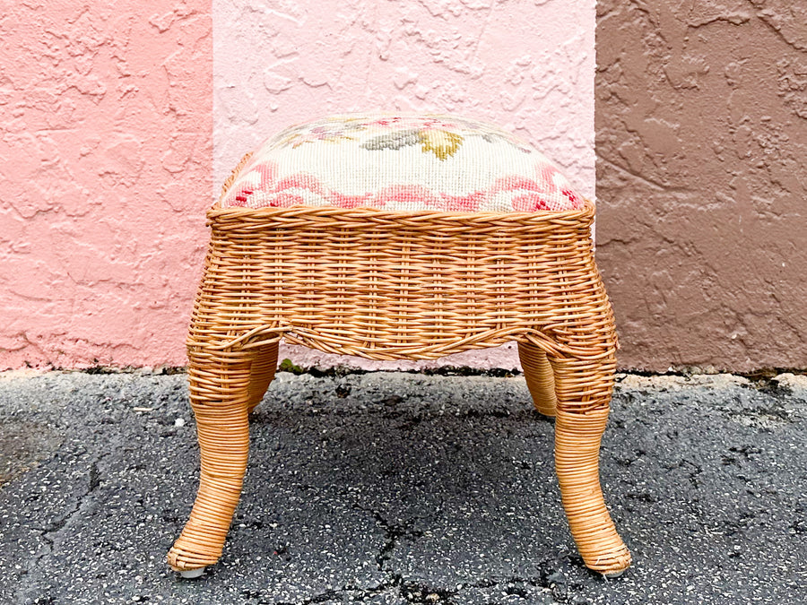 Granny Chic Needlepoint Wicker Foot Stool