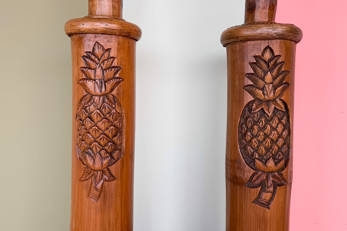 Pair of Island Style Wood Carved Pineapple Lamps