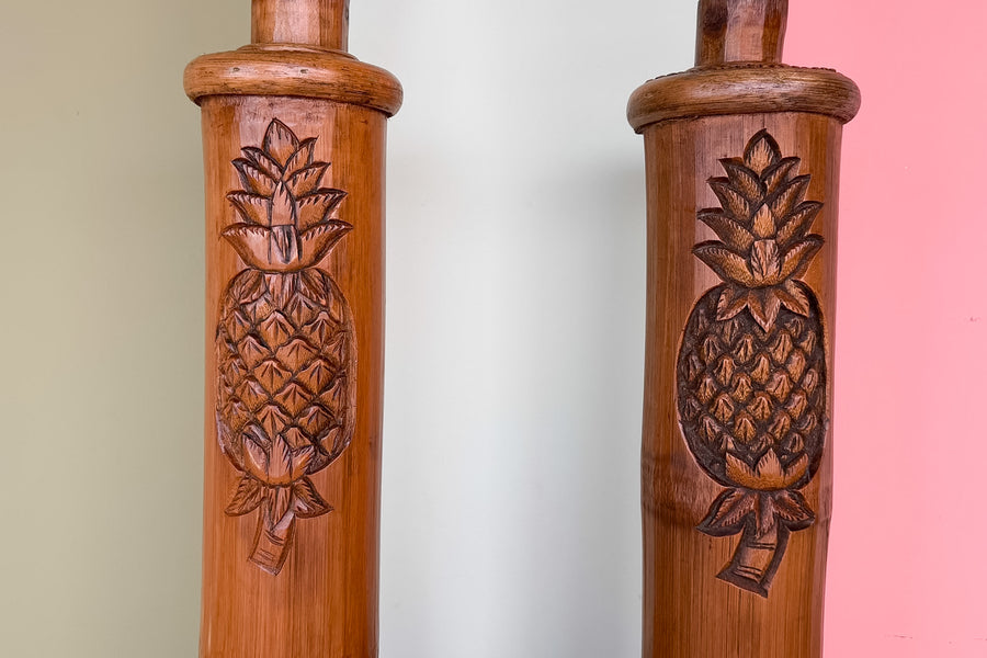 Pair of Island Style Wood Carved Pineapple Lamps