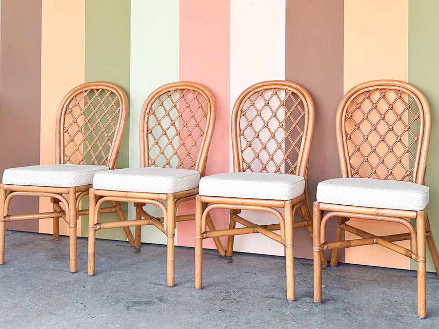 Set of Four Rattan Lattice Dining Chairs