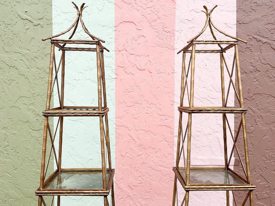 Pair of Gilt Faux Bamboo Metal Pagoda Etageres
