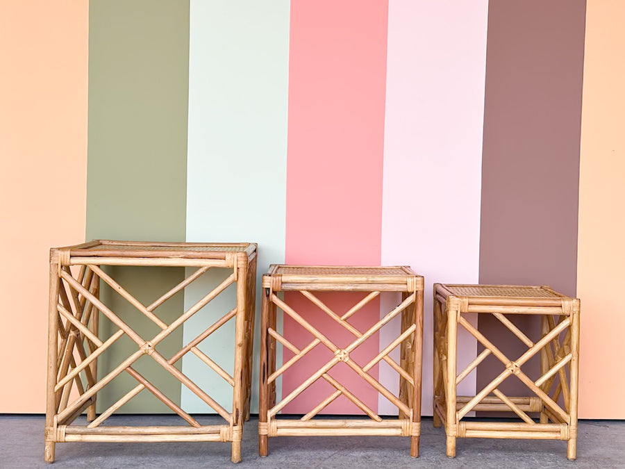 Set of Three Chippendale Rattan Nesting Tables