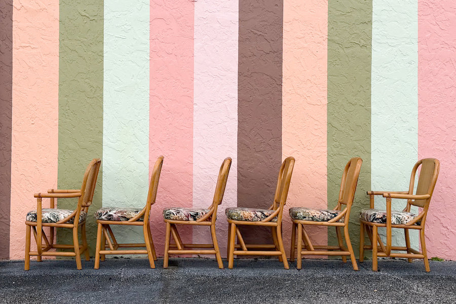 Set of Six Old Florida Rattan Dining Chairs