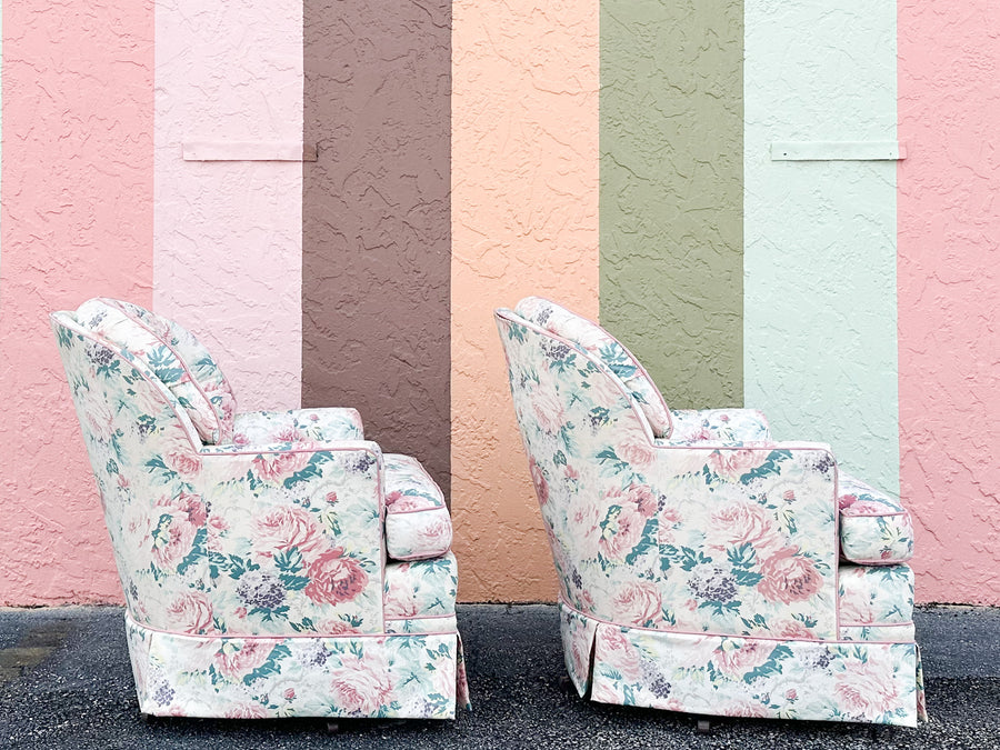 Pair of Cute Floral Upholstered Swivel Chairs