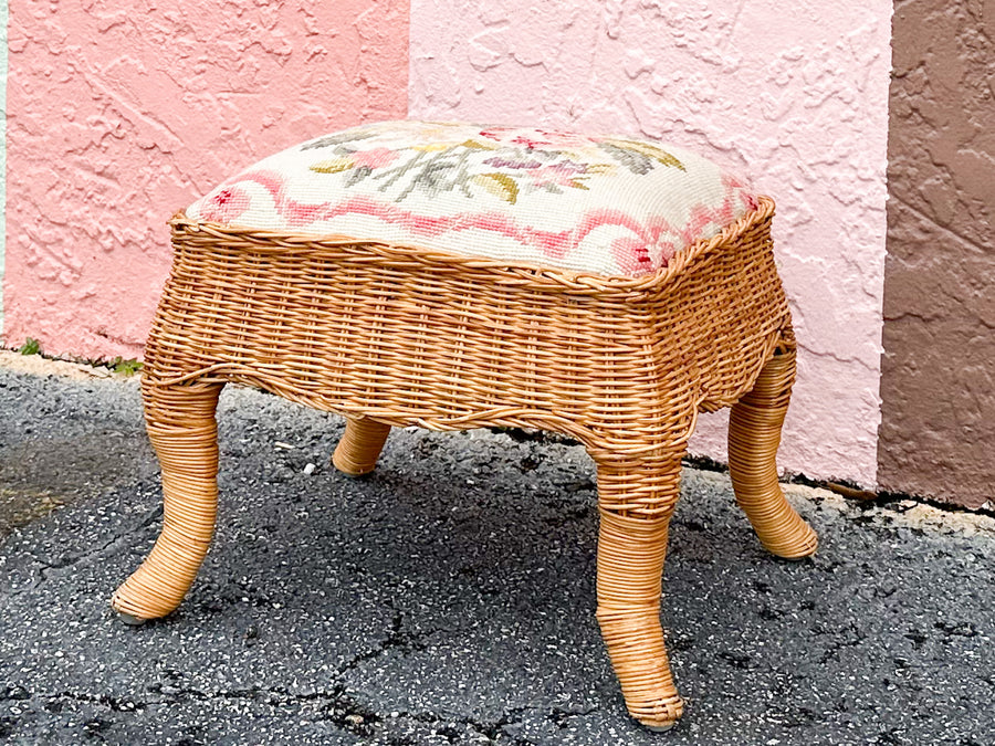 Granny Chic Needlepoint Wicker Foot Stool