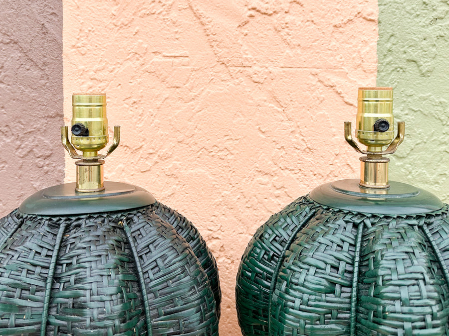 Pair of Gorg Green Island Style Basket Lamps