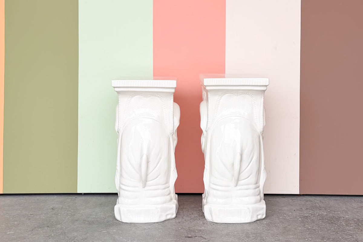 Pair of White Ceramic Elephant Garden Seats