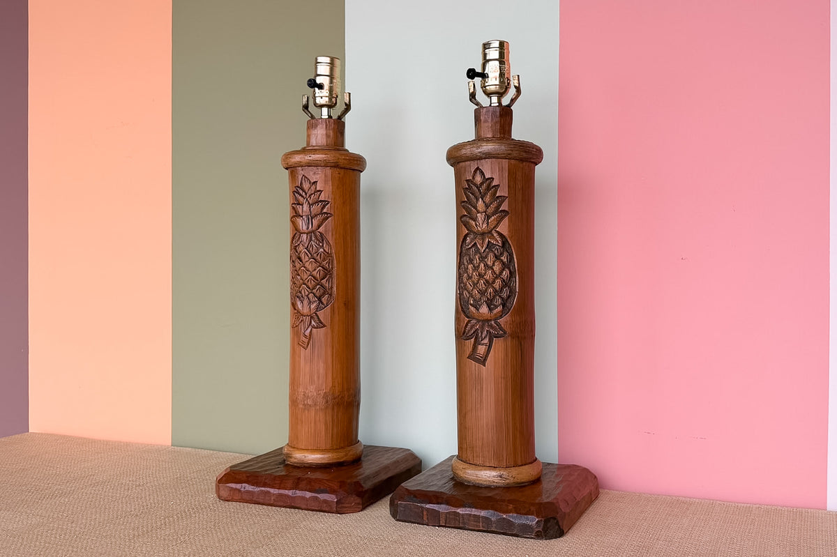 Pair of Island Style Wood Carved Pineapple Lamps