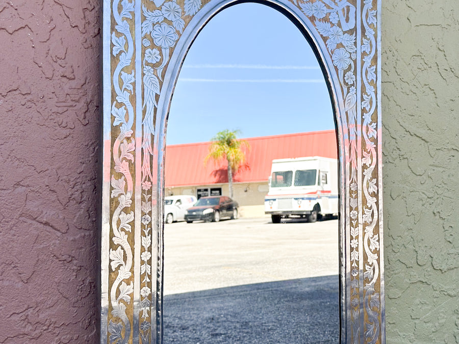 Pressed Metal and Wood Inlay Mirror