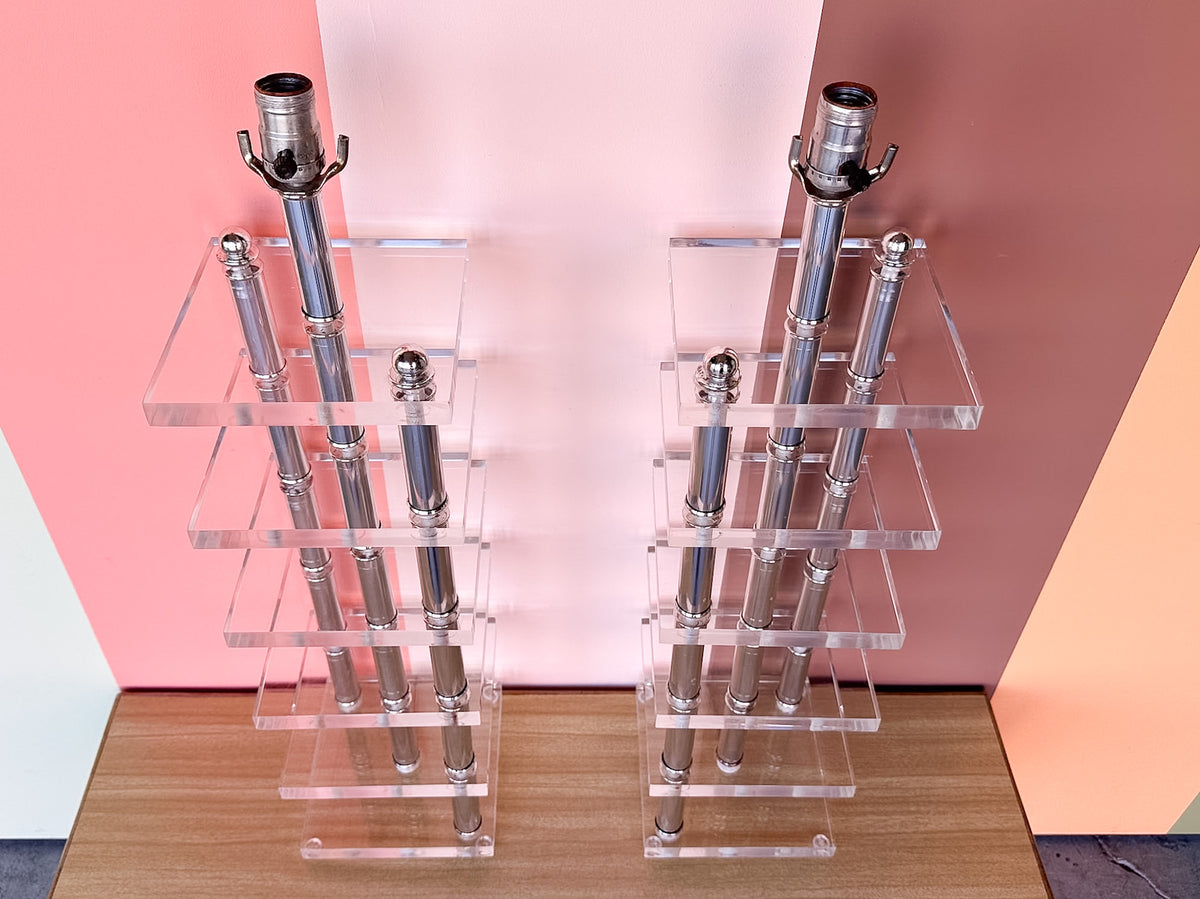 Pair of Large Lucite and Chrome Lamps