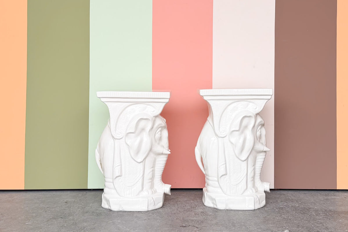 Pair of White Ceramic Elephant Garden Seats