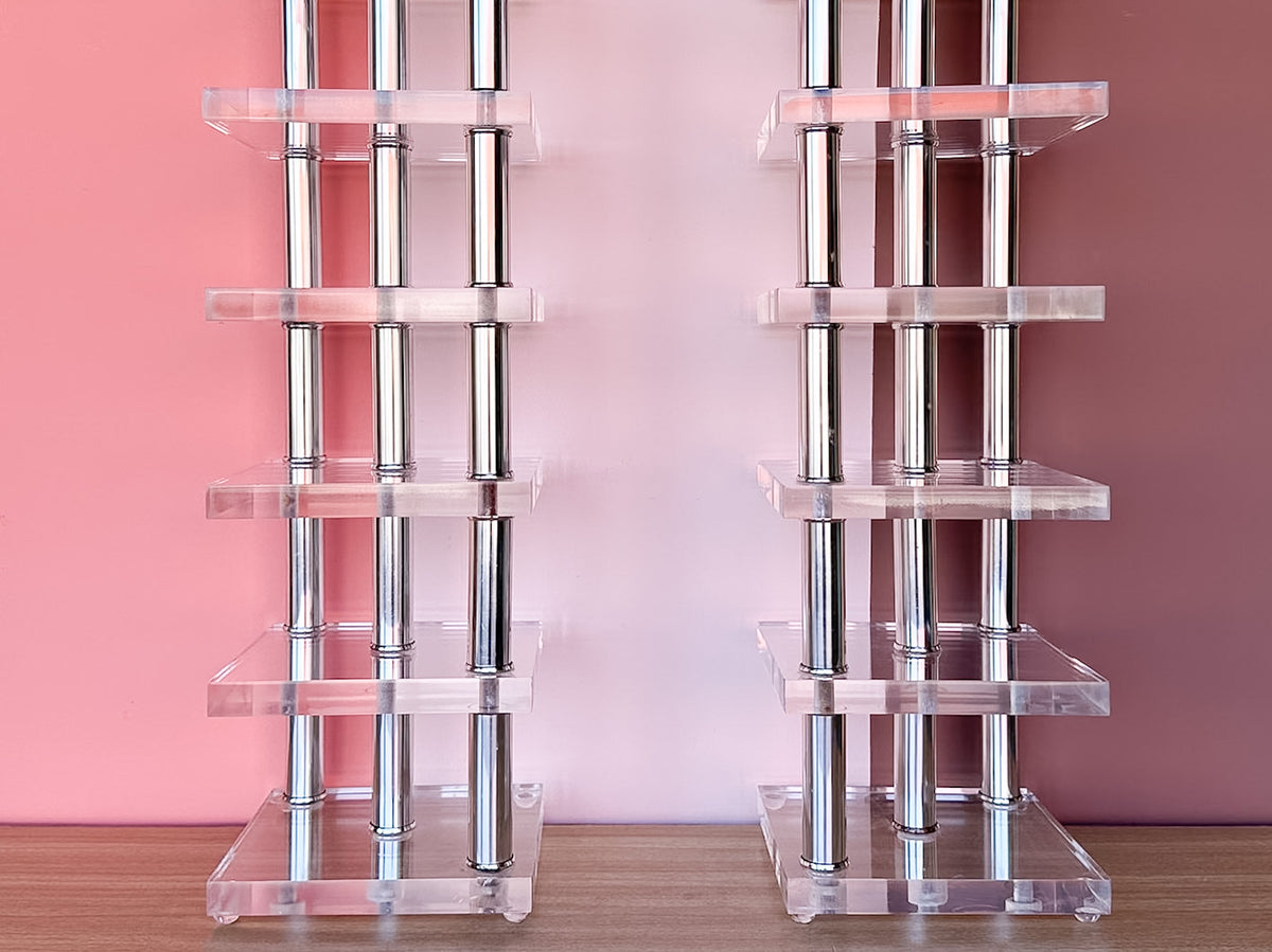 Pair of Large Lucite and Chrome Lamps