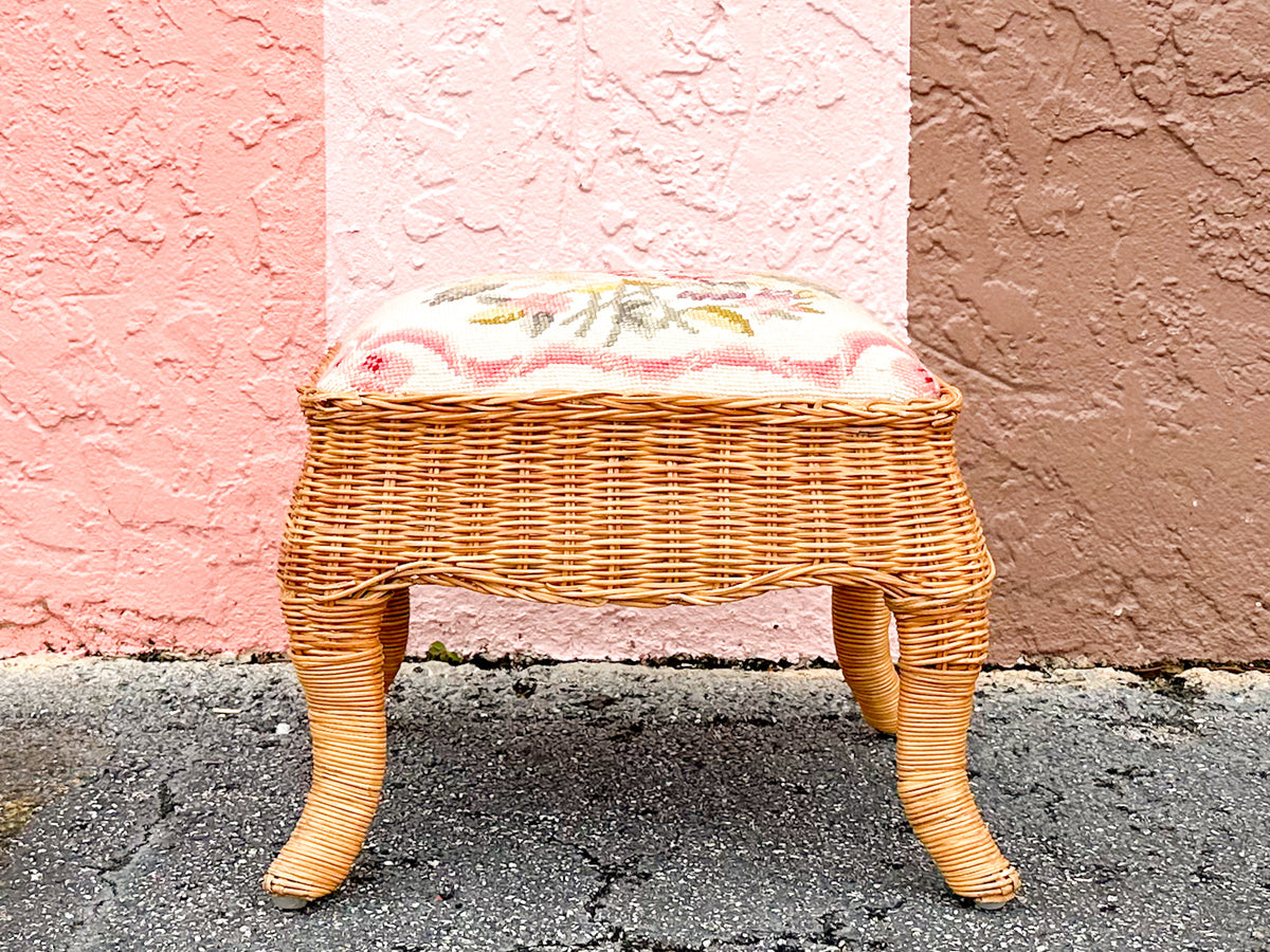Granny Chic Needlepoint Wicker Foot Stool