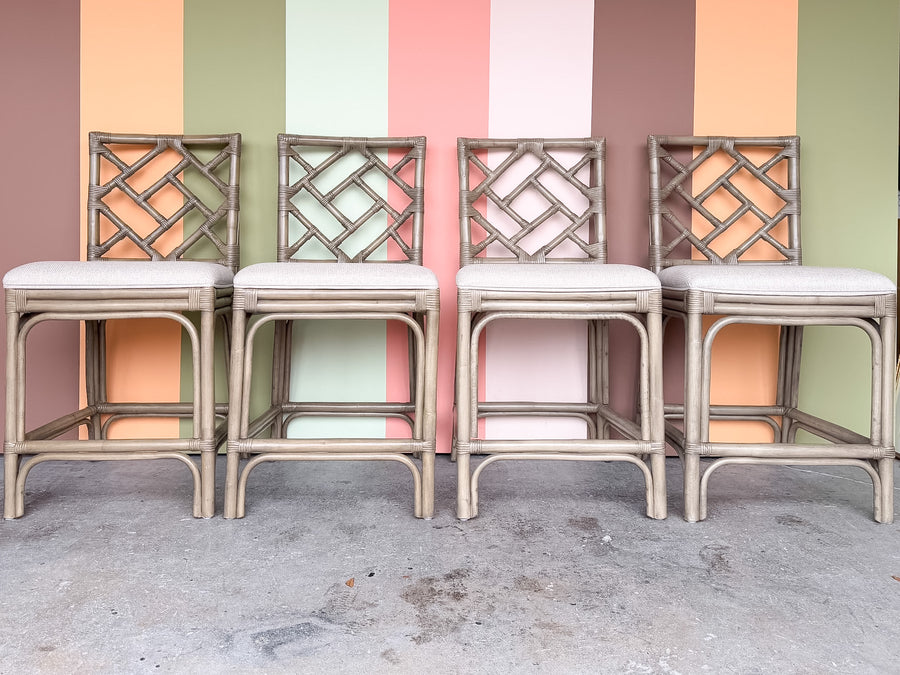 Set of Four Chippendale Rattan Counter Stools