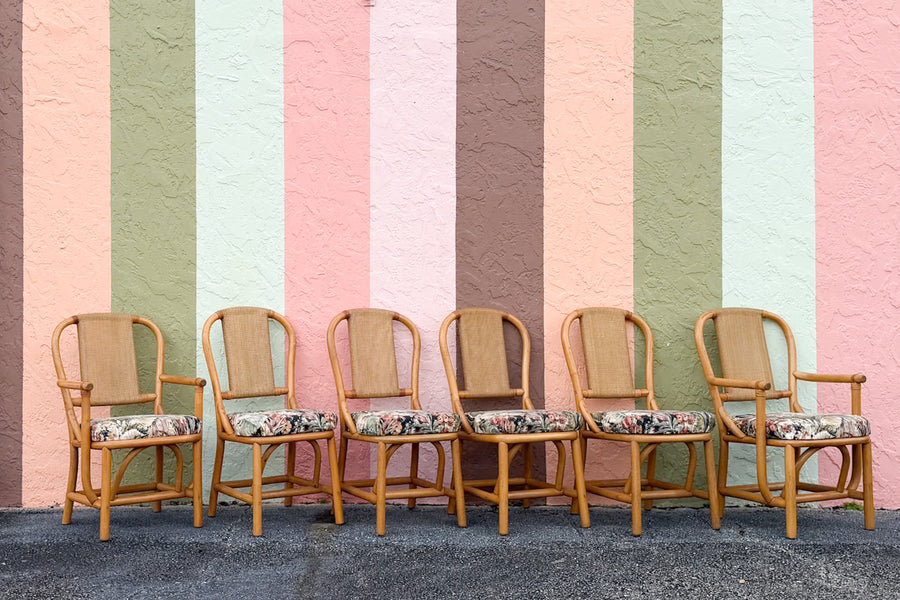 Set of Six Old Florida Rattan Dining Chairs