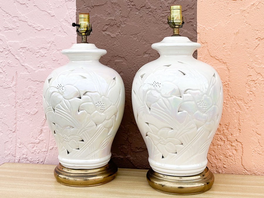 Pair of Pierced Iridescent Lamps