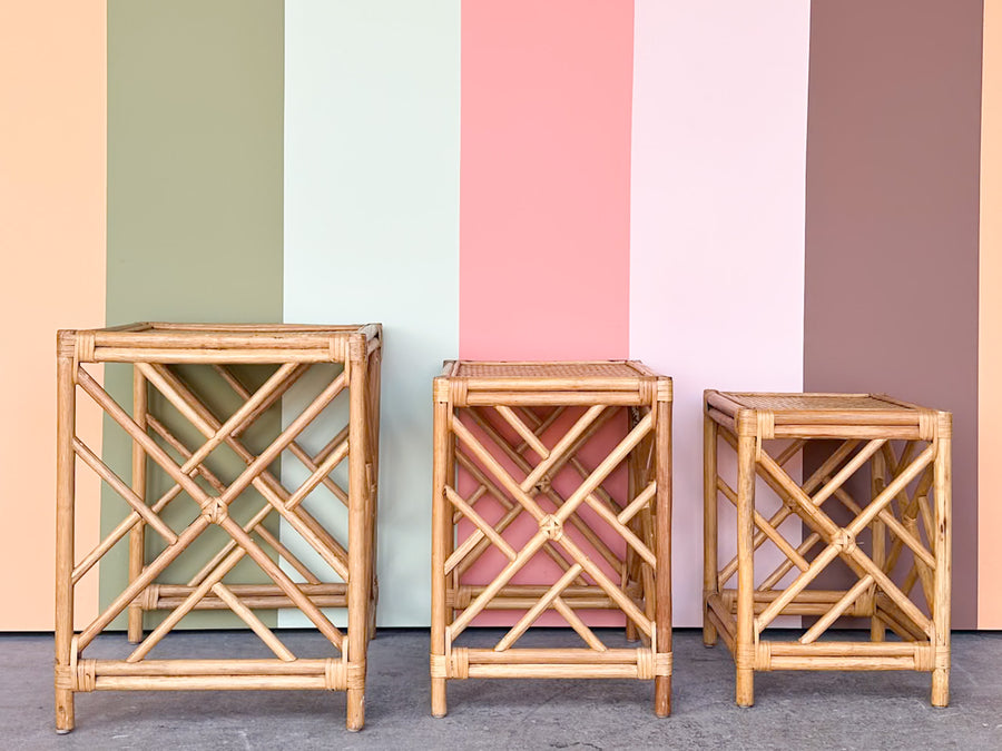 Set of Three Chippendale Rattan Nesting Tables