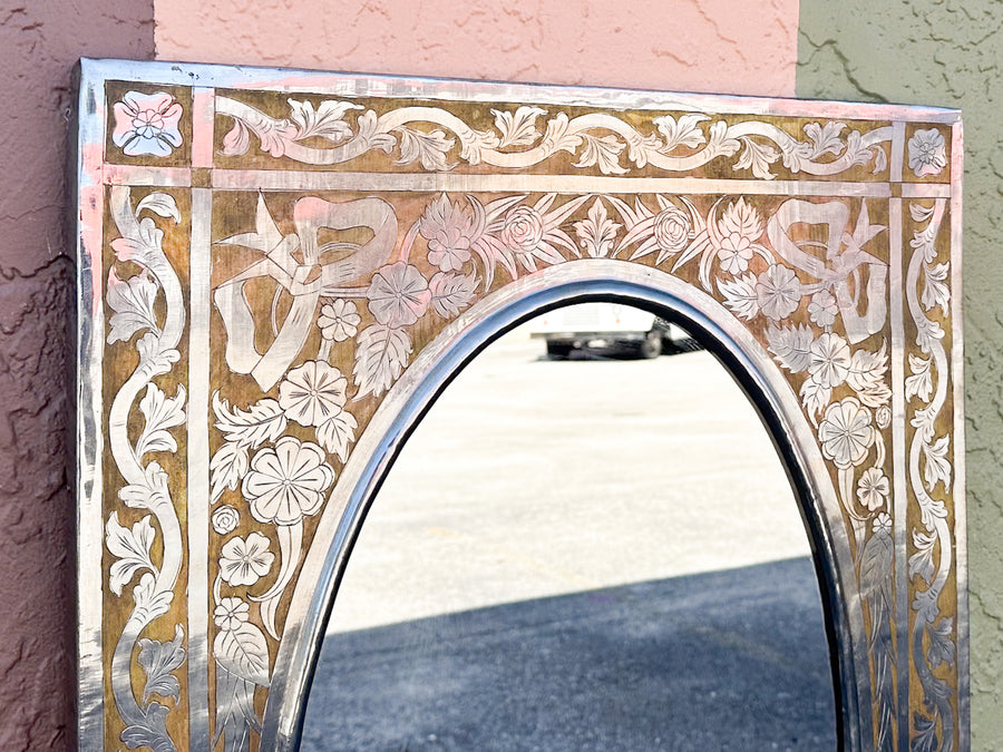 Pressed Metal and Wood Inlay Mirror
