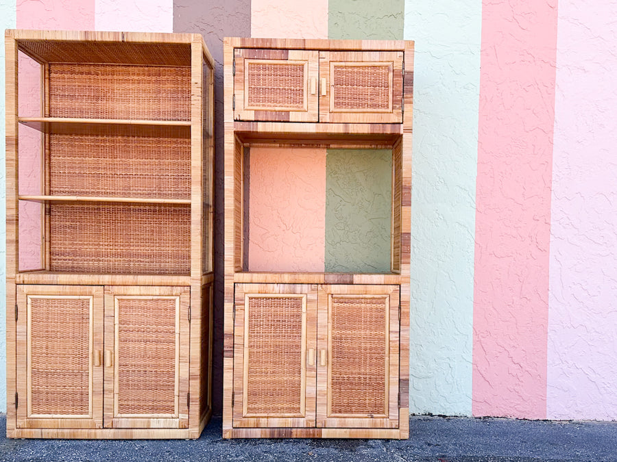 Pair of Coastal Rattan Wrapped Cabinets