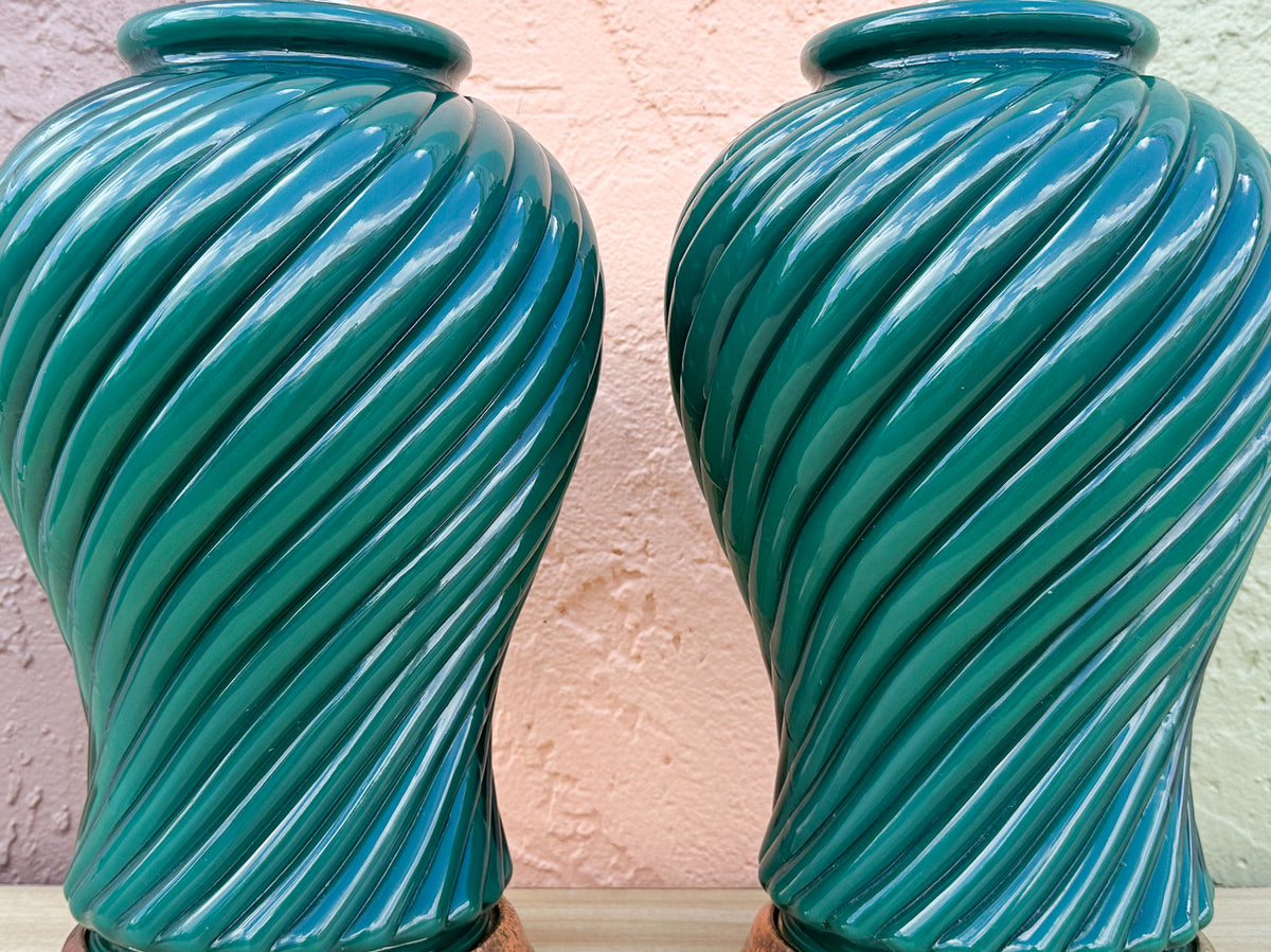 Pair of Forest Green Swirl Lamps
