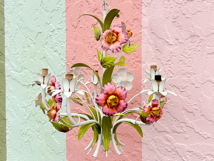 Pretty in Pink Floral Tole Chandelier