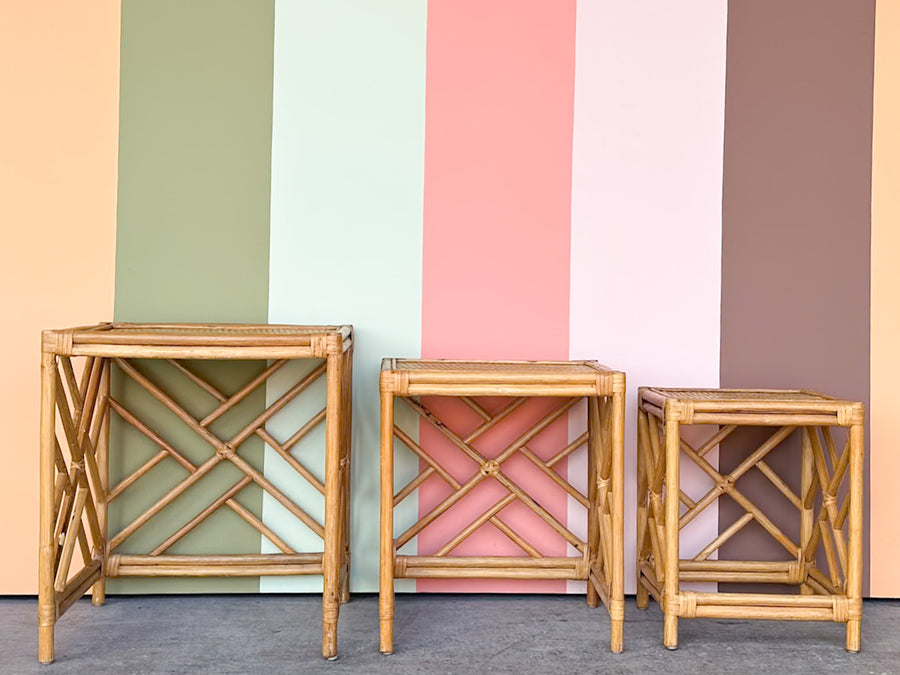 Set of Three Chippendale Rattan Nesting Tables