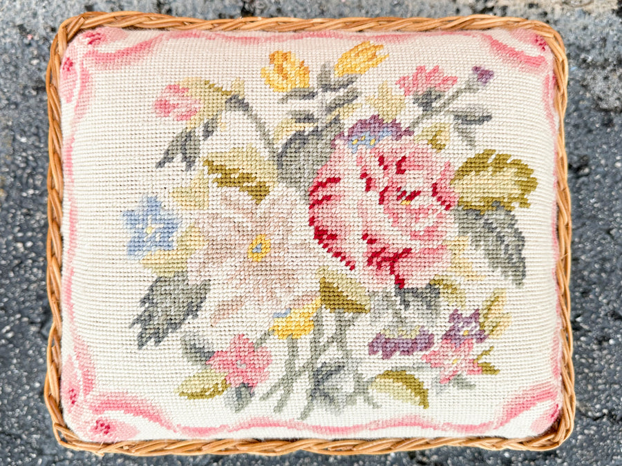 Granny Chic Needlepoint Wicker Foot Stool
