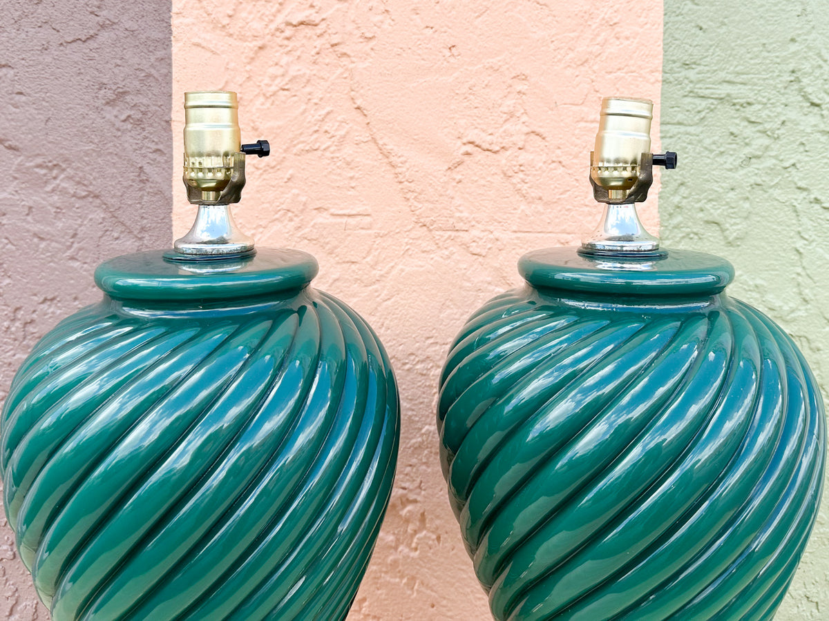 Pair of Forest Green Swirl Lamps