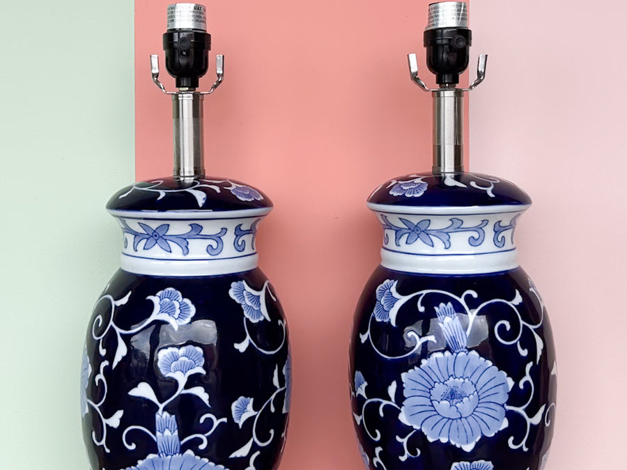 Pair of Blue and White Floral Lamps