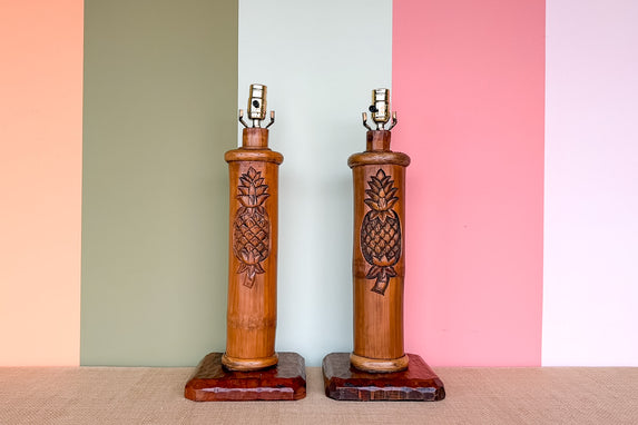 Pair of Island Style Wood Carved Pineapple Lamps