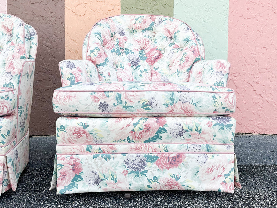 Pair of Cute Floral Upholstered Swivel Chairs