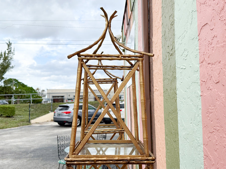 Pair of Gilt Faux Bamboo Metal Pagoda Etageres