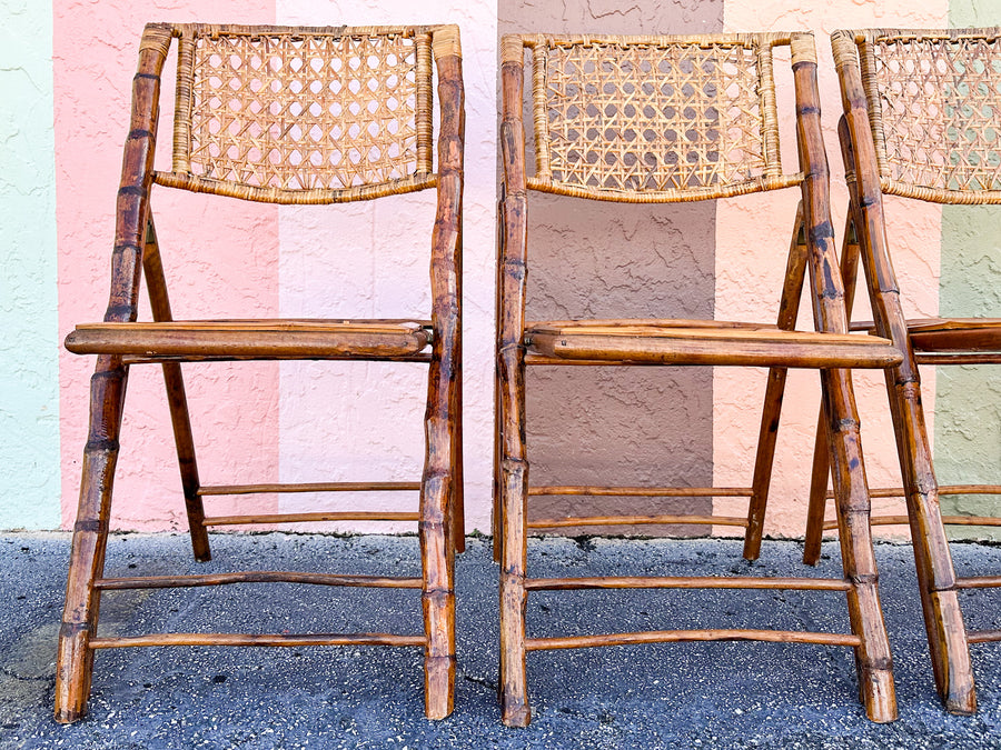 Set of Four Bamboo and Cane Folding Chairs