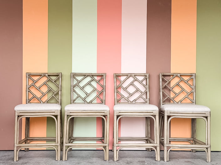 Set of Four Chippendale Rattan Counter Stools