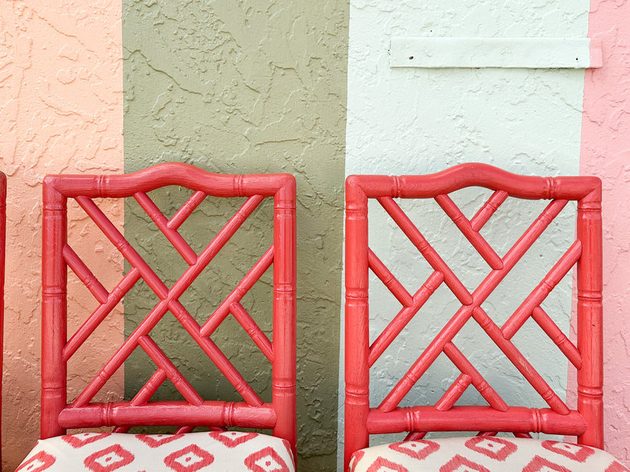 Set of Four Coral Chippendale Bar Stools